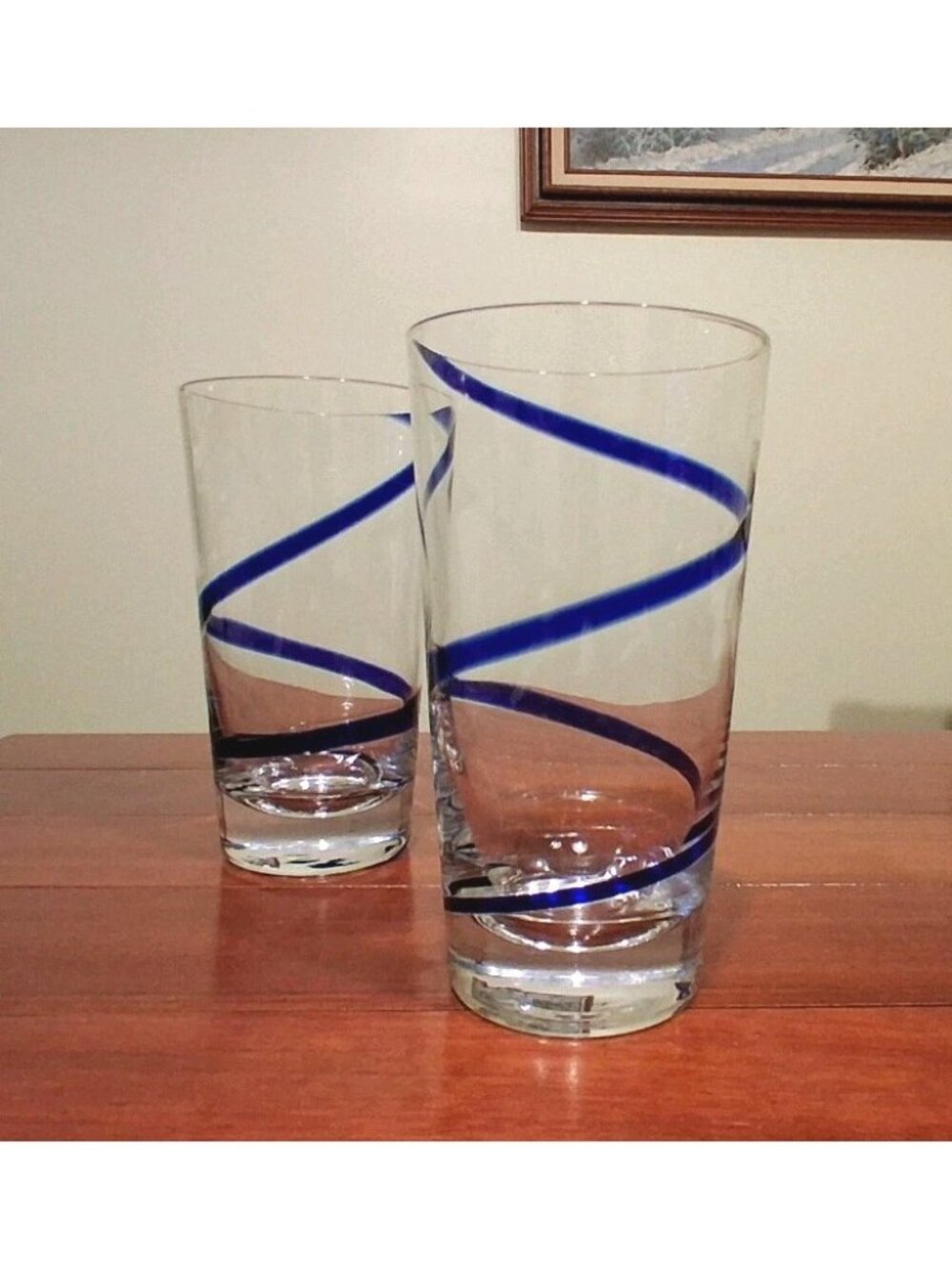 Pier 1 Swirline Cobalt Blue Highball Glasses Set of 2 Swirl Tumblers Ice Tea Vtg
